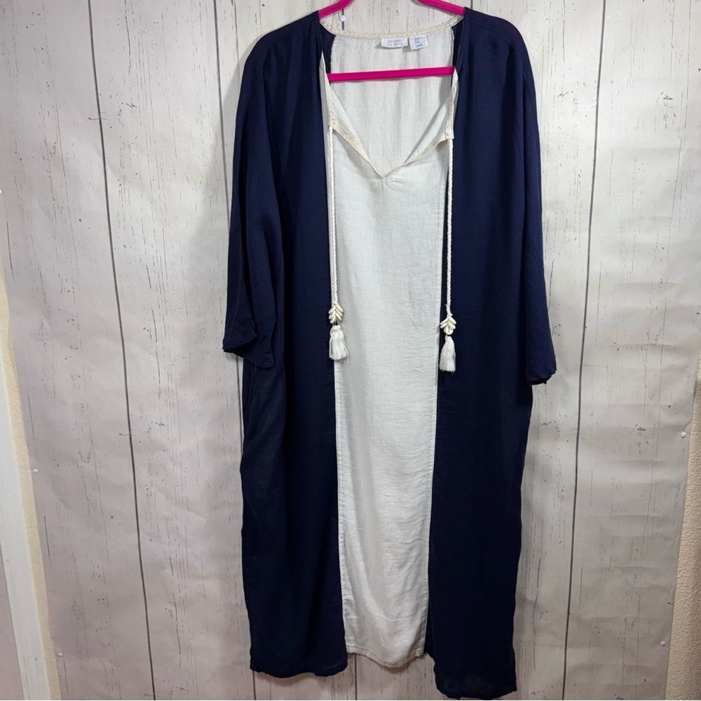 Sigrid Olsen Oversized Maxi Dress Linen Blend Boho Tassel Nautical Coastal Beach